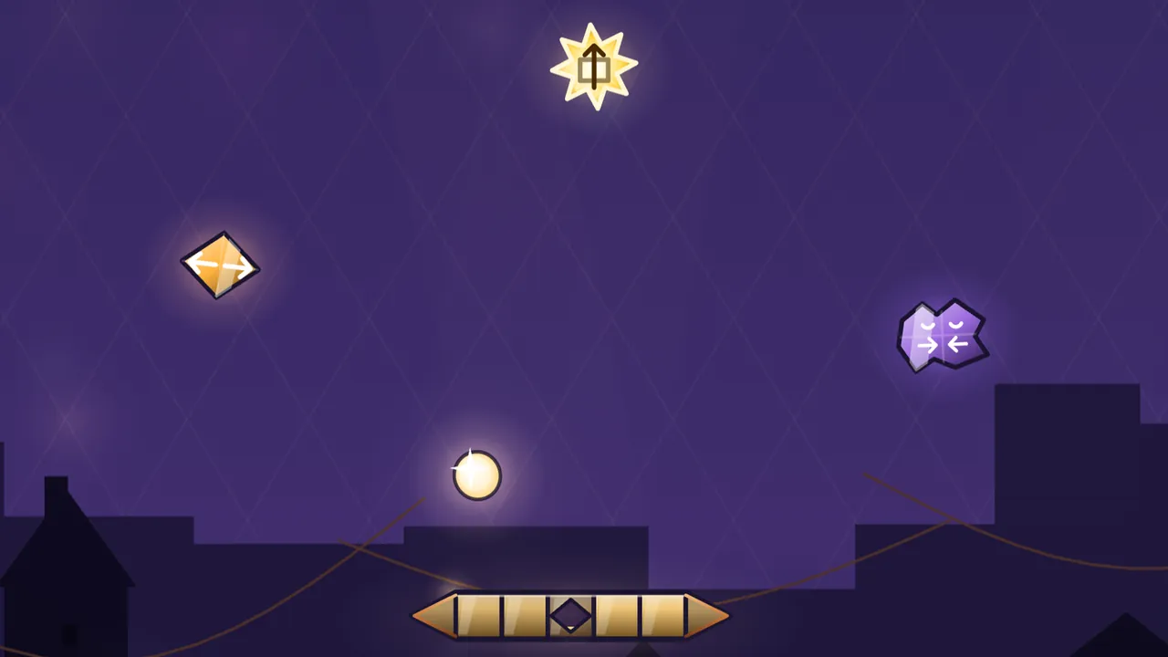 Over the dark rooftops of Lantern Lane at night, strung with thin garland wires under a violet sky, three capsules fall toward the Prism, a lamplighter’s bar of gold glass panes with a diamond gem in the middle: on the left an amber diamond with a white two-headed arrow, at the top a glowing gold eight-pointed star with an arrow shooting up through a little pane, and on the right a purple torn shard of glass with two sleepy eyes and two arrows pointing at each other; a gold Spark glows just above the Prism