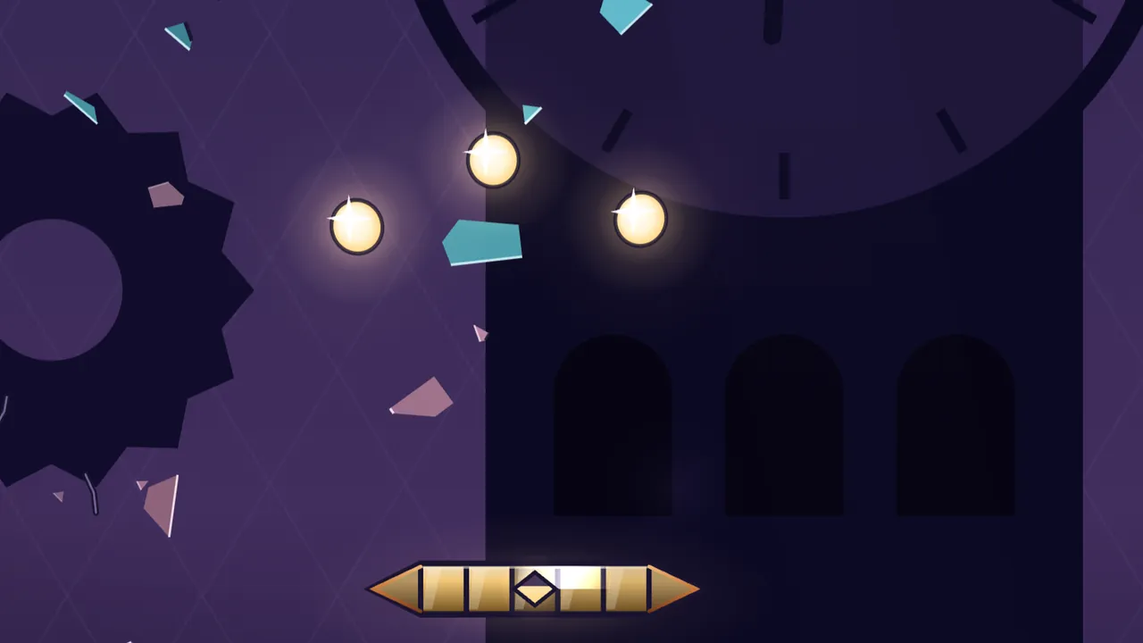 Belfry Heights at night, in deep violet: three glowing gold Sparks fly up side by side from the Prism, a lamplighter’s bar of gold glass panes with a diamond gem in the middle, while teal and pink shards of broken glass tumble down around them; behind them rises the dark silhouette of a clock tower with a big round clock face and three arched windows, and a huge cog turns on the left