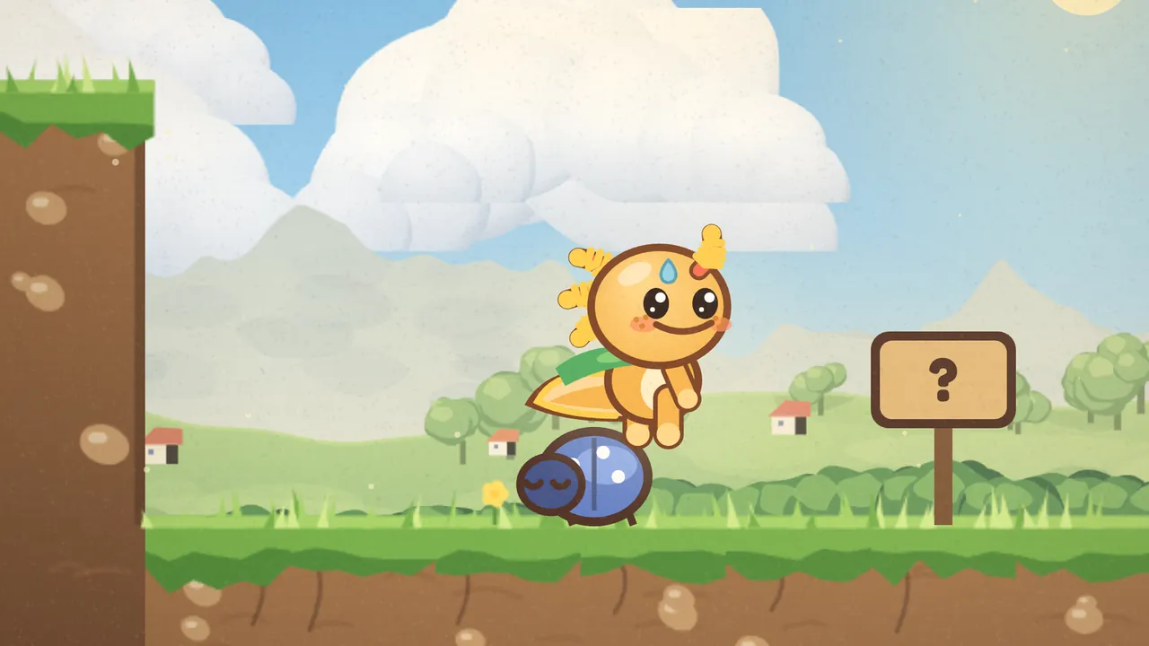 Gilby, a small orange axolotl with frilly yellow gills, a blue drop on his head and a green scarf, stands smiling on the back of a round blue beetle with white spots that is fast asleep with its eyes closed on the grass of Breezy Hilltops, with a tall earth cliff on the left, a wooden sign with a question mark on the right, and green hills with small red-roofed cottages under big white clouds behind