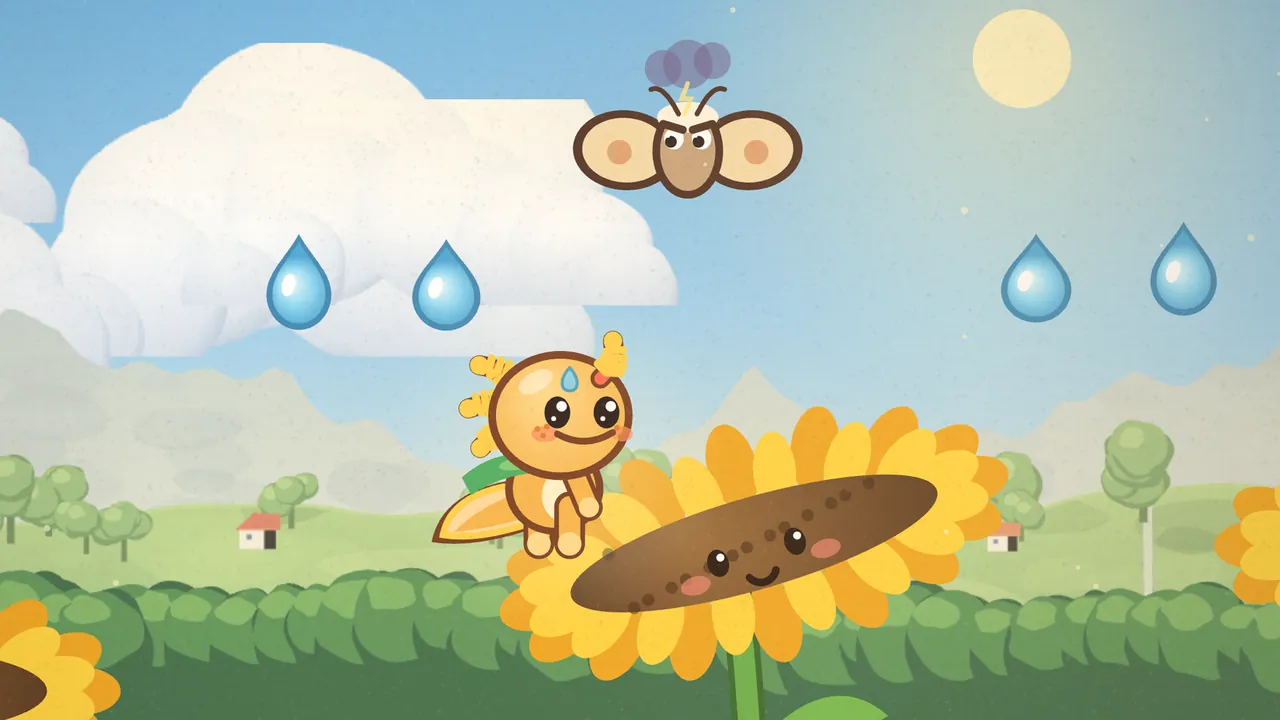 Over the sunflower field of Sunflower Swing, a grumpy moth with round cream wings with orange spots, a brown body, a fluffy cream collar, curly antennae and frowning brows flutters in the sky under a small purple storm cloud with a tiny yellow lightning bolt, while Gilby the orange axolotl stands below on a big tilting sunflower with a smiling face, four blue dewdrops hang in the air, and green hills, small cottages and the sun fill the background