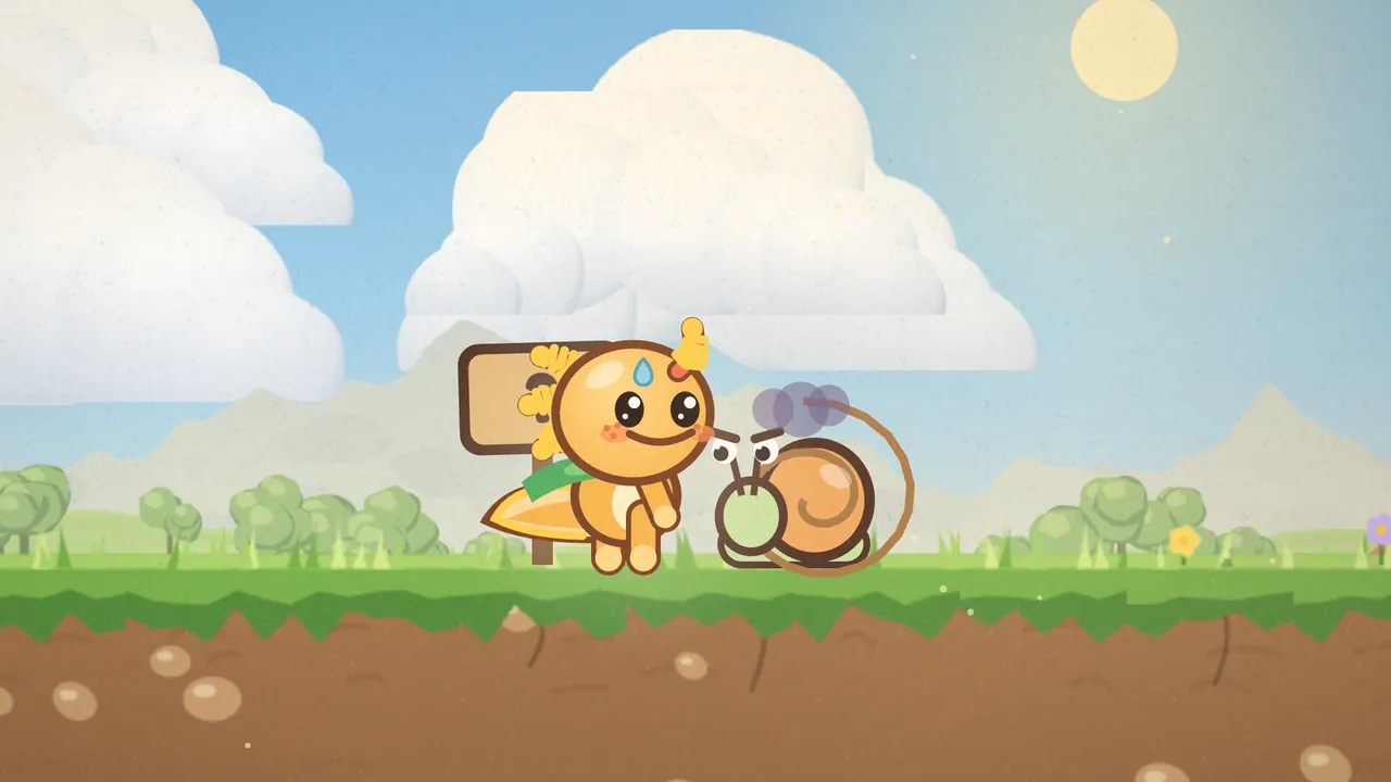 Gilby, a small orange axolotl with frilly yellow gills, a blue drop on his head and a green scarf, smiles nose to nose with a grumpy snail on the grass of Dewdrop Meadow; the snail has an orange spiral shell, a pale green body, eyes on stalks, frowning brows and a small purple storm cloud over its head, with a wooden sign behind Gilby, big white clouds, gray-green hills and a pale sun in the sky