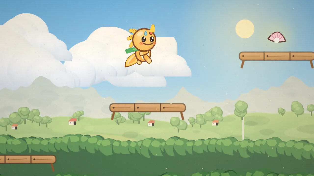 Gilby, the little honey-colored axolotl with gold gills and a green leaf scarf, jumps high into a blue sky from a wooden plank in the middle of the picture, heading for a higher plank on the right where a pink pearl shell sits glowing; another plank pokes in at the lower left, and below are a green hedge, hills with round trees, red-roofed houses and a slim pale tree, with big cream clouds and a pale sun above