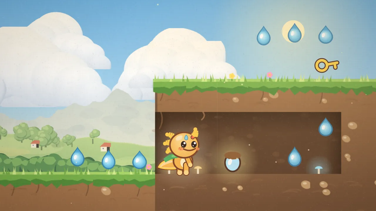 A grassy hill cut open to show what’s inside: in a dark earthy room under the grass, Gilby, the little honey-colored axolotl, stands smiling next to a glowing crystal acorn with a pale blue body and a brown cap, with tiny glowing mushrooms on the floor and two blue dewdrops floating further in; outside on the left, three dewdrops sit in a row on the grass leading up to the side of the hill, and on top of the hill a gold key rests among small flowers, with three more dewdrops in the sky above it and big cream clouds behind