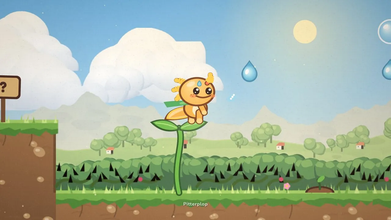 Gilby stands on a freshly sprouted leaf on a tall green stalk in Sprouting Steps, smiling, high above a long hedge bristling with black thorns; an earthen ledge with a question-mark signpost rises on the left, a new seedling pokes out of a little mound of soil on the right, two blue water drops and a floating bubble hang in the sky near the pale sun, and green hills with red-roofed houses stretch behind