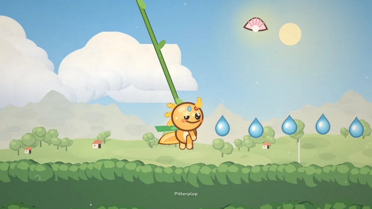 Gilby hangs from a long green vine that slants up out of the top of the frame over Puddle Path, smiling with stars in his eyes, his finned tail swinging under him; a row of five blue water drops waits to his right at the same height, a pink pearl shell hangs in the sky near the pale sun, and green hedges, soft hills with red-roofed houses and big white clouds fill the background