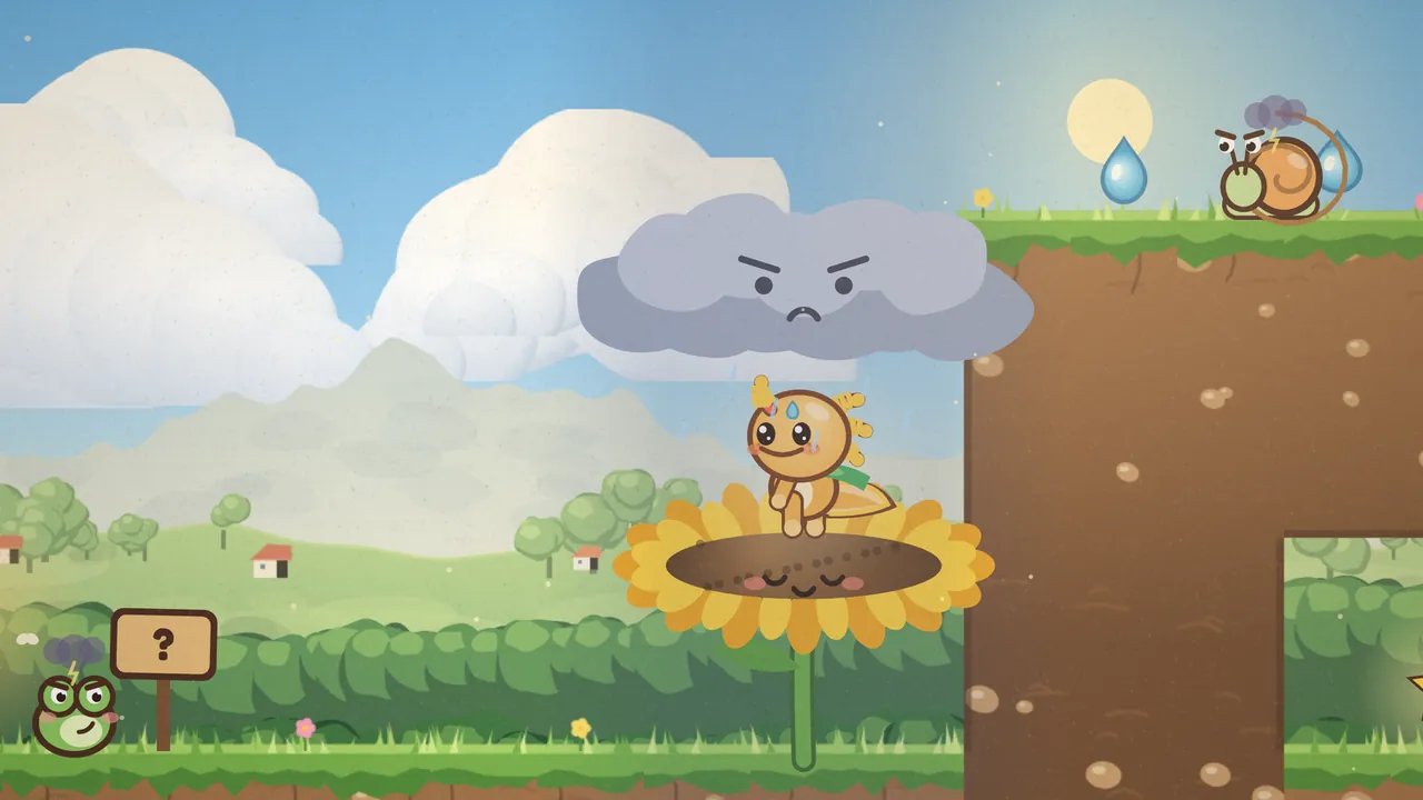 In Sunflower Swing, Gilby rides a big sunflower whose head has drooped low under a gray grumble cloud with a scowling face and a faint drizzle; the sunflower has closed its eyes and holds him on its brown seed face, while a grumpy green frog with a dark puff over its head sits by a wooden question mark sign at the bottom left, a grumpy snail with a dark puff waits on top of a tall earth cliff at the right beside two blue raindrops, and green hills, trees and small houses spread under a blue sky and a pale sun