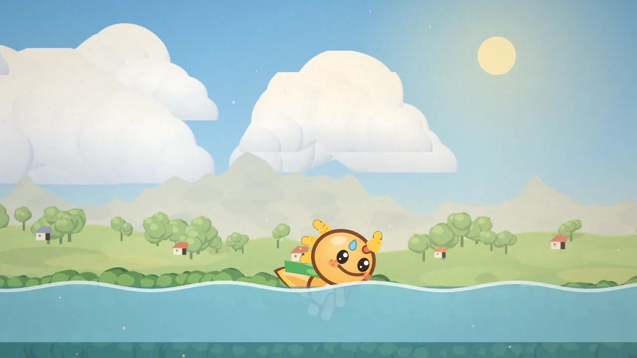 Gilby, a little honey-colored axolotl with a round head, feathery gold gills and a small blue raindrop on his forehead, bobs up at the surface of the pond on Puddle Path with a happy smile, his leaf scarf and tail just behind him and his paws showing faintly under the clear blue water, in front of a hedge, green hills with round trees and red-roofed houses, pale mountains, big cream clouds and a pale sun