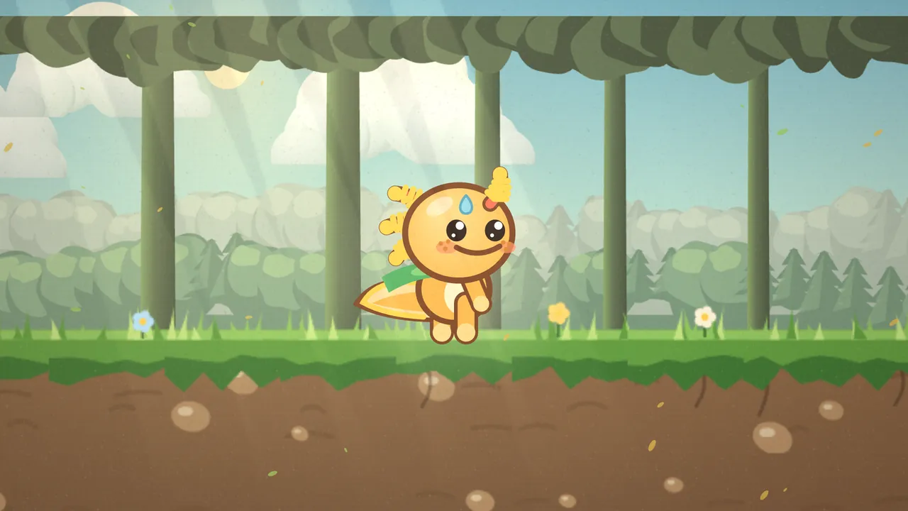 Gilby stands on the grass in the Hedgerow Hush woods, facing right with a wide smile, rosy freckled cheeks, three feathery gold gills on each side of his round head and a small flat blue raindrop on his forehead, his leaf scarf and his long honey tail behind him, among tall green tree trunks under a thick roof of leaves, with sunbeams slanting down, little falling leaves, small blue, yellow and white flowers in the grass and rows of fir trees in the misty distance