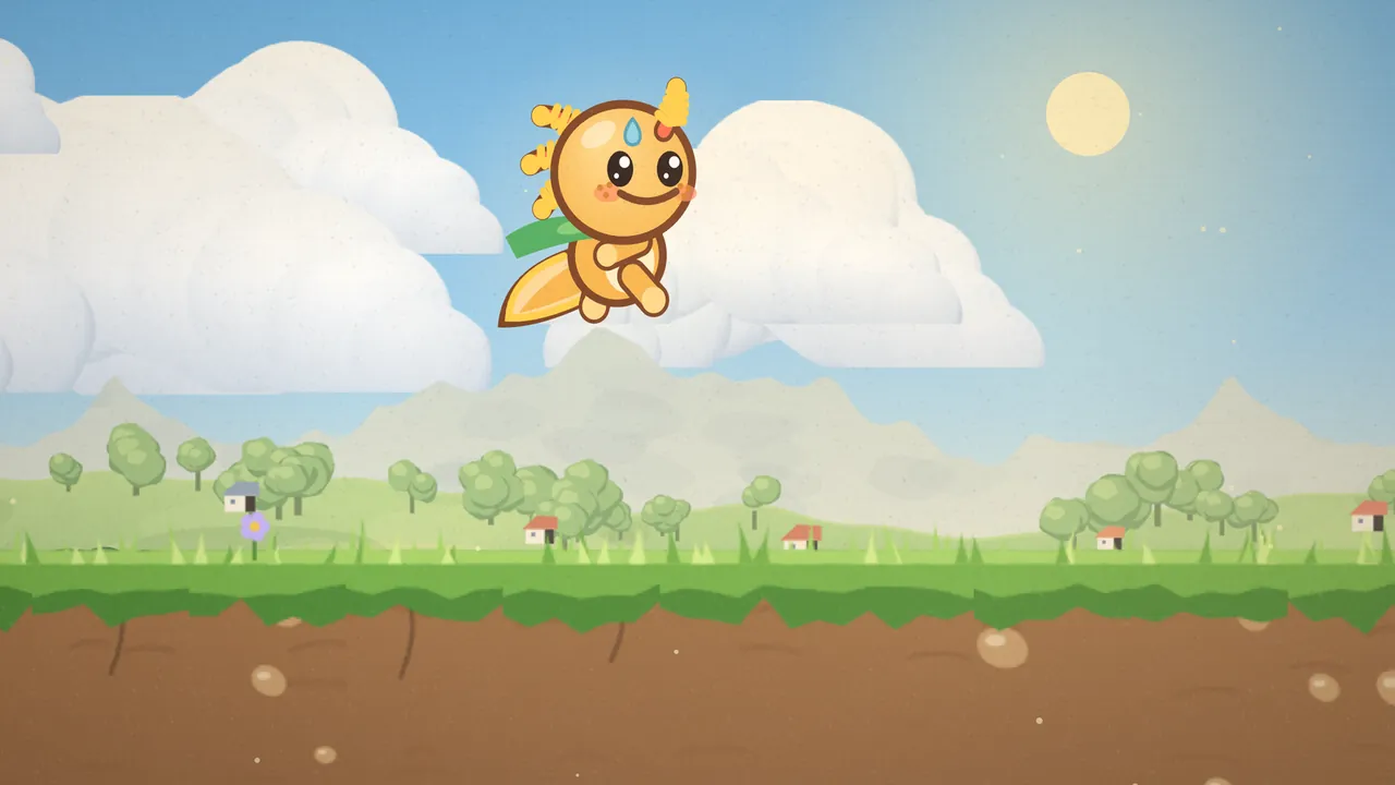 Gilby, a little honey-colored axolotl with a round head, feathery gold gills, a small blue raindrop on his forehead and a green leaf scarf trailing behind him, leaps high over Dewdrop Meadow with his tail curled under him and a big smile, against a blue sky with soft cream clouds and a pale sun, above a strip of grass and brown earth, with round green trees and tiny red-roofed houses on the hills far behind