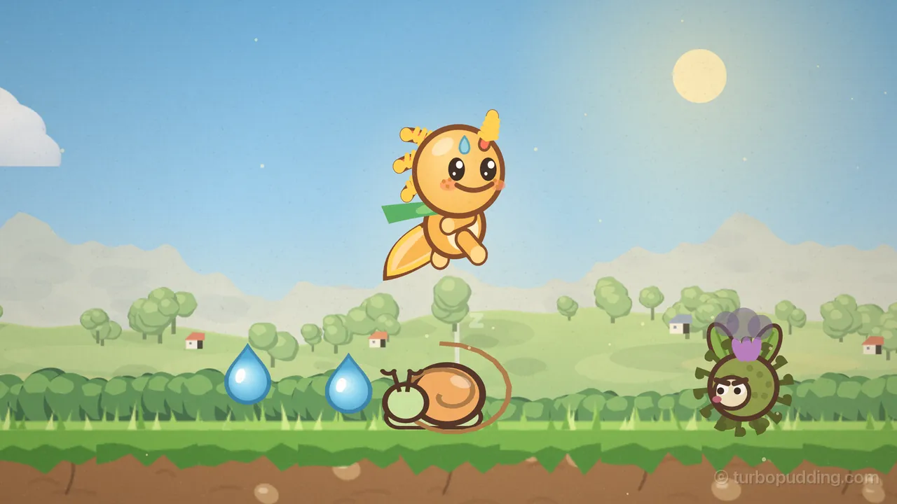 Gilby, the little honey-colored axolotl with feathery golden gills, a blue raindrop on his forehead and a green leaf scarf, flies high into a blue sky in Sprouting Steps, smiling, with his tail curled under him, just after bouncing off a snail that sleeps on the grass below him; the snail has an orange spiral shell, a pale green head with closed eyes and two little feelers, and a small z floats above it; two blue dewdrops sit on the grass at the left, and on the right a grumpy Burrbit, a round green burr with leaf ears, a lilac tuft and a frown, stands under a small purple-gray cloud, in front of a green hedge, rolling hills with round trees and little houses, and a pale sun