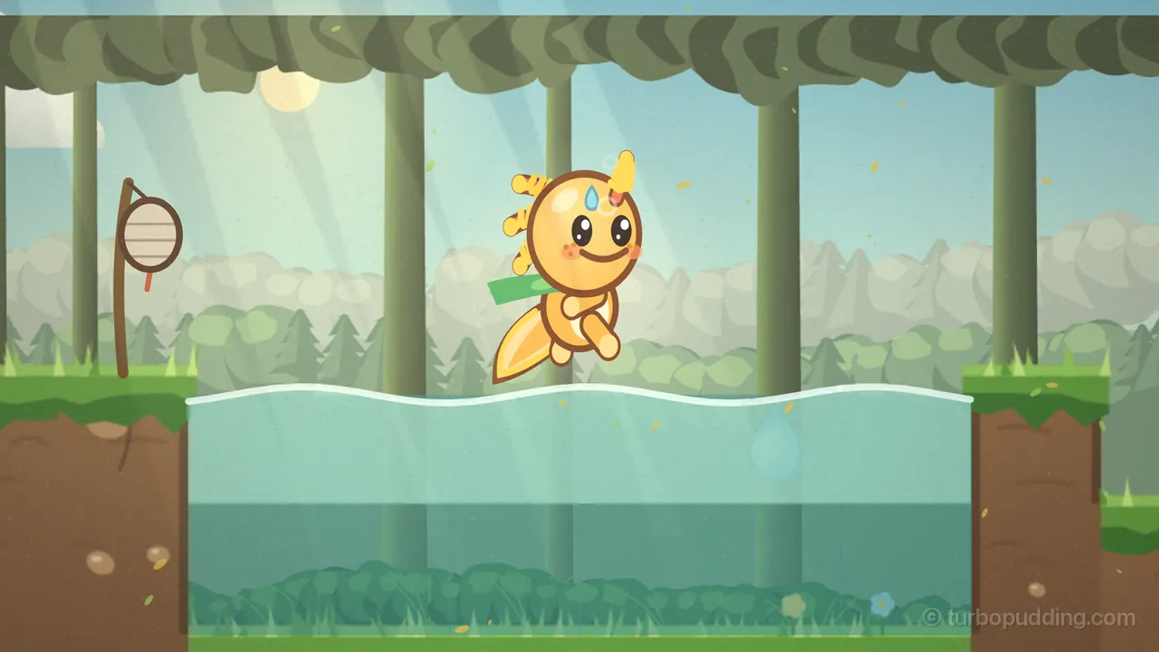 Gilby, a little honey-colored axolotl with feathery golden gills, a small blue raindrop on his forehead and a green leaf scarf, leaps up out of a small clear pool in the sunny woods of Hedgerow Hush with a big smile, his finned tail curled under him and a few tiny bubbles trailing from his head, just above the gently wavy surface of the water, which has green weeds along its bottom; grassy earth banks rise on both sides, a round paper lantern hangs from a bent stick on the left bank, and tall green trunks, a leafy canopy, soft sunbeams and a pale sun fill the background