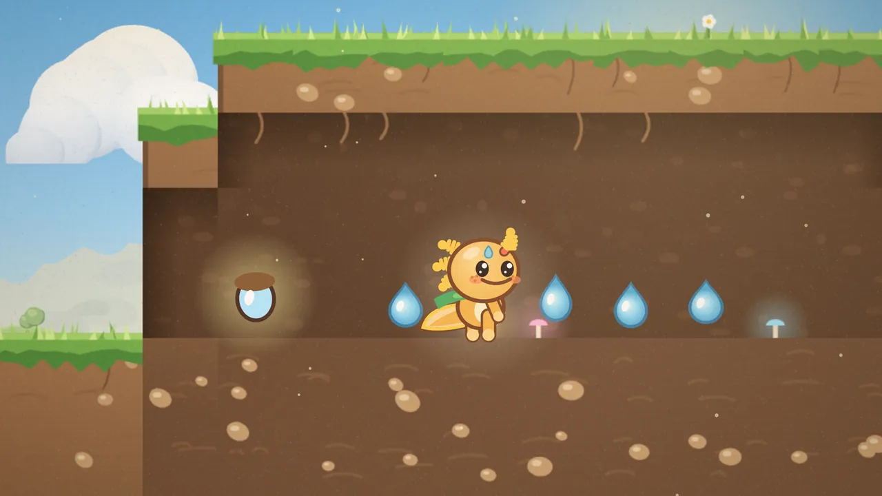 Inside a secret hollow under Dewdrop Meadow: the earth wall has faded away to show a dark brown tunnel with thin roots hanging from its ceiling, where Gilby, the little orange axolotl with feathery gold gills, a small blue raindrop mark on his forehead and a green leaf scarf, stands among four blue dewdrops; a tiny pink mushroom and a tiny pale blue one glow softly on the floor, a glowing crystal acorn with a brown cap floats at the left, and outside the tunnel, to the left, are grassy ledges, a big cream cloud and pale mountains under a blue sky