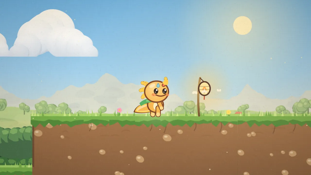 Breezy Hilltops on a sunny day: Gilby, the little orange axolotl with gold gills, a blue raindrop mark and a green leaf scarf, stands on a grassy ledge and looks right at a paper lantern hanging from a bent reed; the lantern is lit, a small orange flame shows through its striped cream paper, a warm glow spreads around it and two pale moths flutter on either side; below is brown earth with pebbles, at the left the ledge drops to a green hedge, and behind are round trees, pale mountains, a big white cloud at the top left and a pale sun