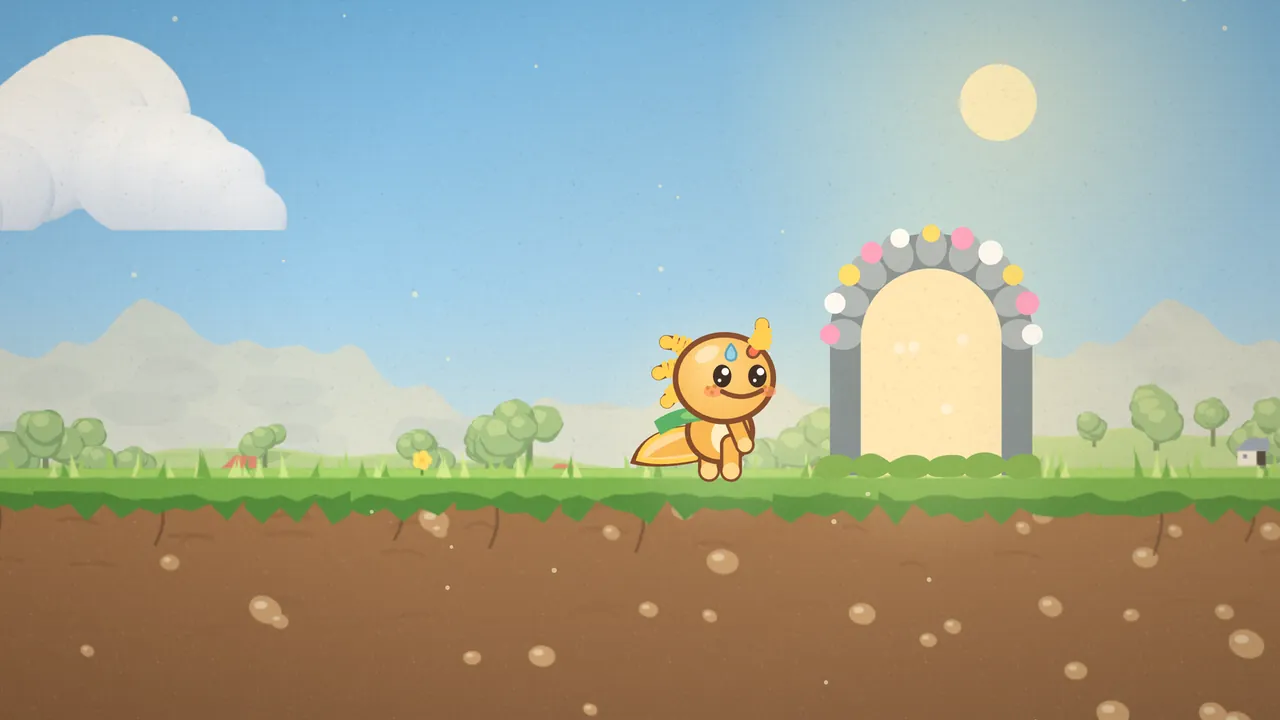 Gilby, the little orange axolotl with feathery gold gills, a small blue raindrop mark on his forehead and a green leaf scarf, smiles on the grass of Dewdrop Meadow beside the level’s exit, a round door in a gray stone arch with a garland of pink, white and yellow flowers and moss along its foot, glowing pale yellow because it’s open; behind them are green hills with round trees, a small white house with a slate-blue roof, pale hazy mountains, a big cream cloud at the top left and a pale sun in a blue sky, with brown earth and pebbles below the turf