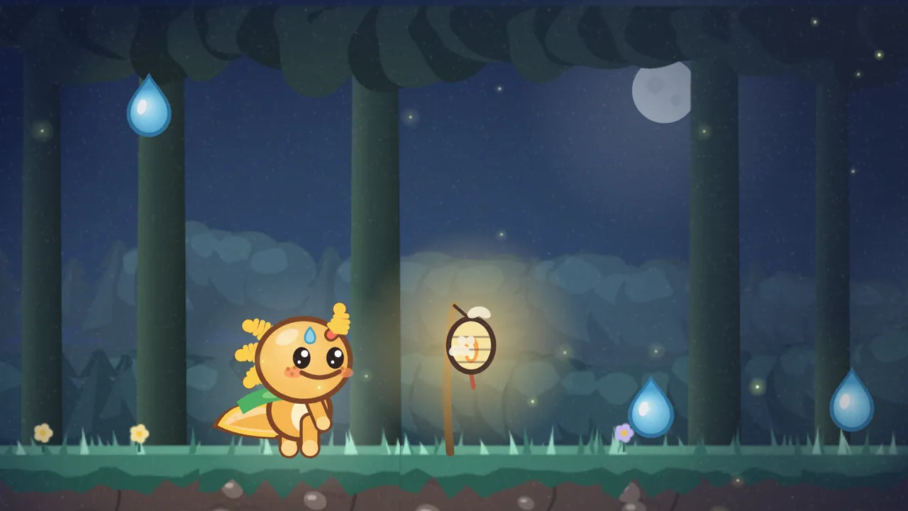 Glowcap Hollow at night: Gilby, the little orange axolotl with gold gills, a blue raindrop mark and a green leaf scarf, stands on teal grass among tall dark tree trunks under a thick roof of leaves, next to a lit paper lantern on a reed that throws a warm yellow glow across the bushes, with a pale moth perched on top; blue dewdrops hang in the air, small yellow and lilac flowers grow in the grass, fireflies dot the dark, and a gray moon peeks between the trunks at the top right