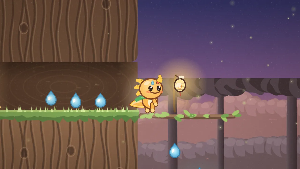 Old Oak Climb at dusk: on the left, the trunk of the giant oak, its bark covered in deep wavy grooves and a few round knots, opens into a dark hollow of heartwood with pale growth rings on the back wall and three blue dewdrops over a strip of grass; Gilby, the little orange axolotl with gold gills, a blue raindrop mark and a green leaf scarf, stands at the start of a thin leafy branch that runs out to the right past a lit paper lantern with a moth on top; behind them are dark leafy treetops on gray trunks, pink clouds and a violet sky with stars, and another dewdrop floats below