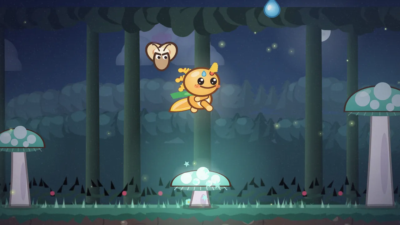 Glowcap Hollow at night, in deep blue and teal: Gilby, the small orange axolotl, bounces up from a glowing pale-teal glowcap with little sparkles over it, set in a row of black thorns and tiny pink berries; just above him to the left hovers a grumpy moth with round cream wings, a tan face and frowning brows; tall pale glowcaps with spotted teal caps stand at the left and right edges, dark tree trunks rise into a leafy canopy, fireflies glow, a moon peeks through at the top right and a single dewdrop hangs at the top