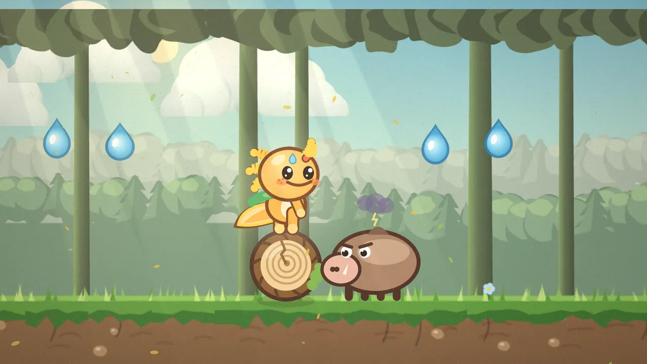 Rolling Log Run in Mossy Hollow, in a sunny green forest: Gilby, a small orange axolotl with frilly yellow gills, a blue drop on his forehead and a green leaf scarf, rides standing on top of a round log with ring-cut ends, while a grumpy brown boar with a pink snout, a small tusk and frowning brows shoves the log along with its nose, a little purple storm cloud with a yellow zigzag over its head; tall trunks, a leafy canopy and soft clouds fill the background, four big blue dewdrops hang in the air, and a tiny blue flower grows in the grass