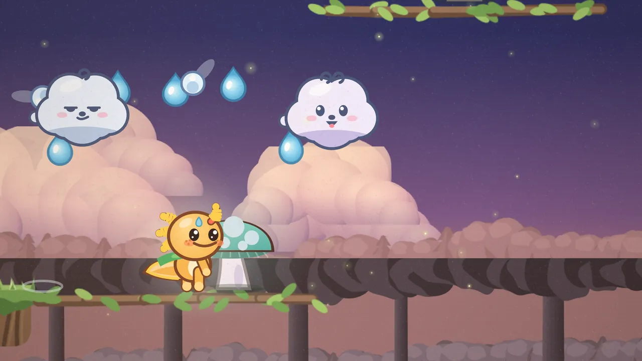Old Oak Climb at dusk, under a purple sky with pink clouds: Gilby, the small orange axolotl with a nervous blue drop on his forehead, stands on a long dark branch right next to a spotted teal mushroom cap; above him float Pitter, a blue-white cloud puppy with smug half-closed eyes, on the left, and Patter, a lilac cloud puppy with a big open smile, on the right; two round hailstones streak down between them, blue dewdrops hang in the air, a pale frosty ring marks a landing spot on a grassy ledge at the far left, and another leafy branch crosses the top of the picture