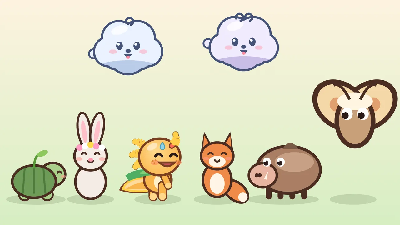 The cast of Pitterplop standing in a row on a soft cream-to-pale-green background, drawn in the game’s own style: from the left, Nana Moss, a tiny green turtle with a striped shell and a sprout on top, smiling with closed eyes; Tansy, a white bunny with long pink-lined ears and a crown of pink, yellow and white flowers; Gilby, the small orange axolotl with frilly yellow gills, a blue drop on his forehead and a green leaf scarf, laughing; Sorrel, an orange fox cub with a cream chest and a white-tipped tail; Snortle, a round brown boar with a pink snout and a small tusk; and Dusty, a moth with big round cream wings and peach spots, floating at the right; above them float Pitter, a blue-white cloud puppy, and Patter, a lilac one, both smiling