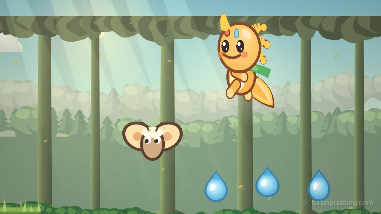 Among tall green tree trunks in Rolling Log Run, a moth with big round cream wings with peach spots, a brown body, a fuzzy white collar and two small feelers flutters in the air, its grumble cloud gone, and looks up at Gilby, the small orange axolotl with yellow gills and a green leaf scarf, who jumps above it on the right; three blue dewdrops hang low in the air and a leafy canopy runs along the top