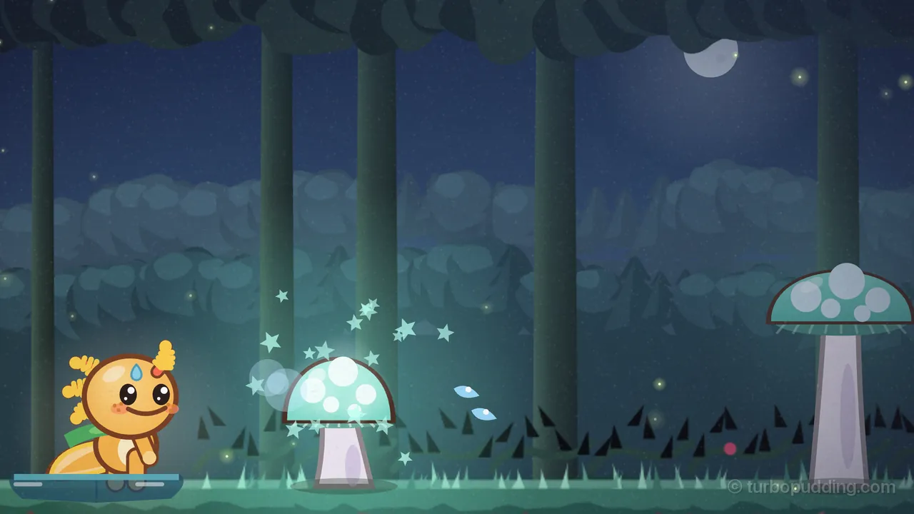 At night in Glowcap Hollow, Gilby sits in a small puddle on the left and smiles at a glowcap that has just woken up: a mushroom with a pale violet stem and a round mint cap with white spots, glowing and ringed with little mint stars, with two drops of water flying past it; a taller glowcap stands at the right, dark thorny brambles grow along the ground, and tree trunks, fireflies and a pale moon fill the dark blue background