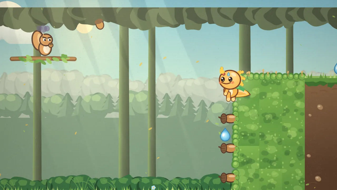Gilby, an orange axolotl with yellow frilly gills, a blue drop on the head and a green scarf, perches at the top of a bright green moss wall in a sunny wood, with three brown acorns stuck in the moss below like the rungs of a ladder and a blue dewdrop between them, while on the left a grumpy squirrel with a gray-purple grumble puff sits on a leafy branch and another acorn flies through the air under the canopy