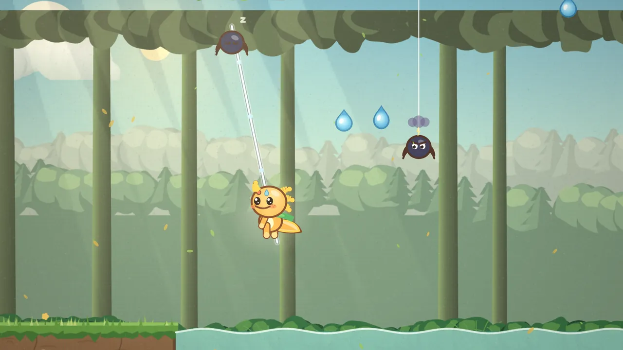 Gilby, an orange axolotl with yellow frilly gills, a blue drop on the head and a green scarf, hangs from a thin silver line of spider silk strung with tiny dewdrops, swinging above a pale teal pond in a sunny wood of tall gray-green trunks; at the top of the line a round dark purple spider dozes under the leafy canopy with a little z over it, a second spider with a frown dangles from its own long thread on the right under a small gray-purple grumble puff, and two blue dewdrops float in the air between them