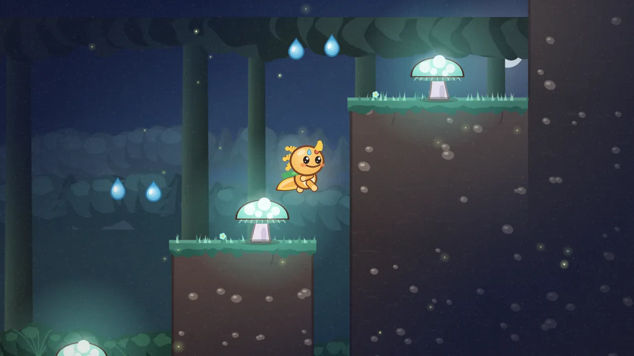 In a dark wood at dusk, pale teal glowcaps light up a staircase of earth pillars: one glows at the bottom edge on the ground, one stands on a low pillar of dark soil with a fringe of teal grass, and one sits on top of a much taller pillar to the right; Gilby the orange axolotl leaps through the air between the two upper caps, blue dewdrops hang in the dark, fireflies glint, and a sliver of moon peeks out under the leafy canopy
