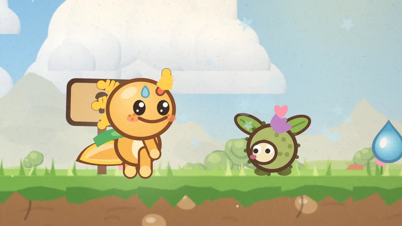 Gilby the orange axolotl stands by a wooden signpost on a grassy meadow, smiling at a round green Burrbit with leaf-shaped ears, a cream face, a little pink nose and a purple tuft with a pink heart floating over it, and a blue dewdrop at the right edge
