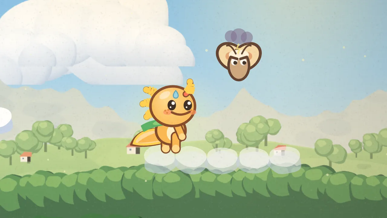 Gilby the orange axolotl stands on a row of pale, half-see-through clouds above a green hedge, with rolling hills, round trees and small red-roofed cottages behind him, while a grumpy moth with cream wings, a frowning brown face and a gray-purple grumble puff over its head flutters in the sky nearby