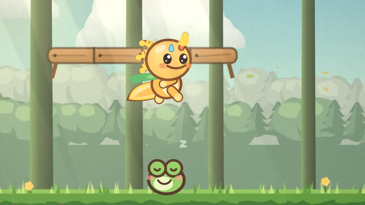 Gilby the orange axolotl leaps through a quiet green forest of tall trunks and pine trees, in front of a wooden plank, above a round green frog that sleeps in the grass with its eyes closed and a small z floating over it, a couple of yellow flowers growing at the edges