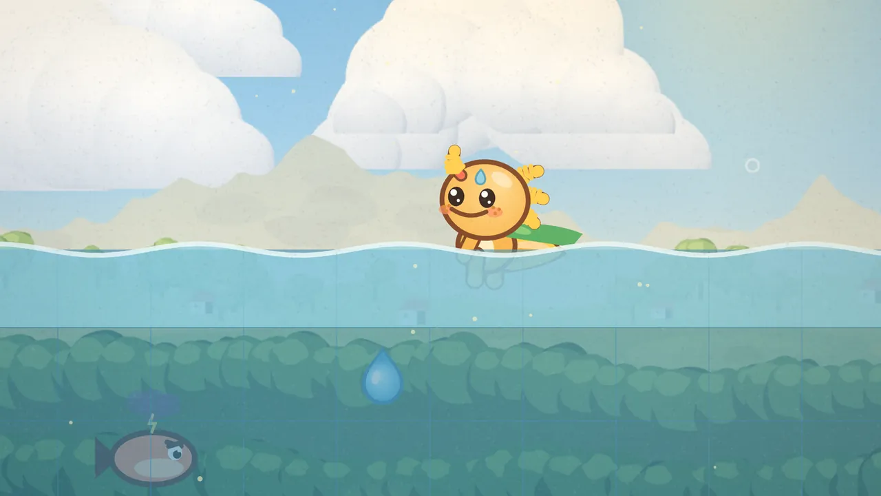 Gilby, an orange axolotl with yellow frilly gills, a blue drop on his head and a green scarf, floats at the surface of a clear blue pond under big white clouds, while deep below him a gray fish with a frown swims through the green water weeds under a small gray grumble cloud with a lightning bolt, and a single dewdrop hangs in the water between them