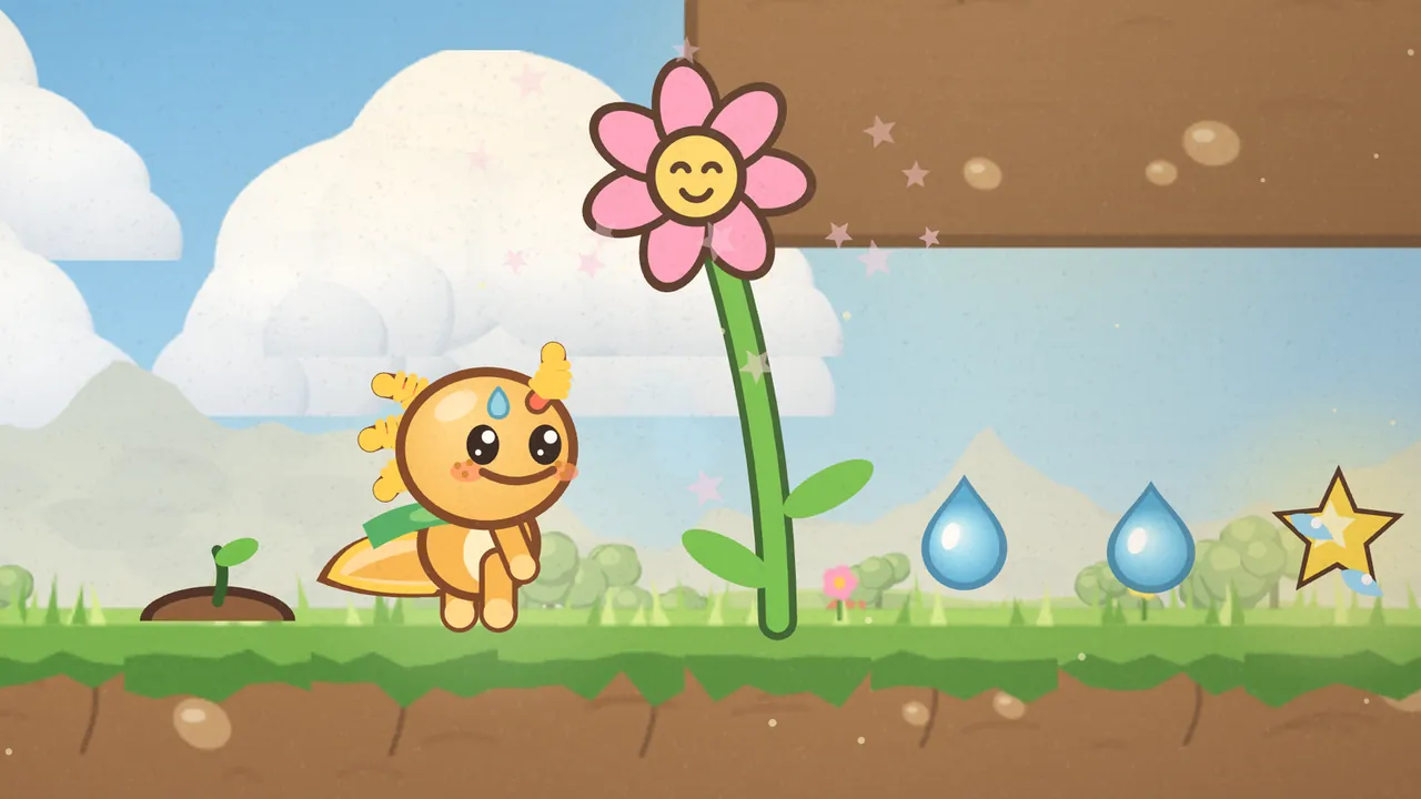 A tall pink flower with a smiling yellow face stretches up on a long green stem after a drink, pink sparkles drifting around it under a brown earth overhang, while Gilby the orange axolotl looks on from the left beside a small mound with a fresh green sprout, and two blue dewdrops and a golden star sit on the grass to the right