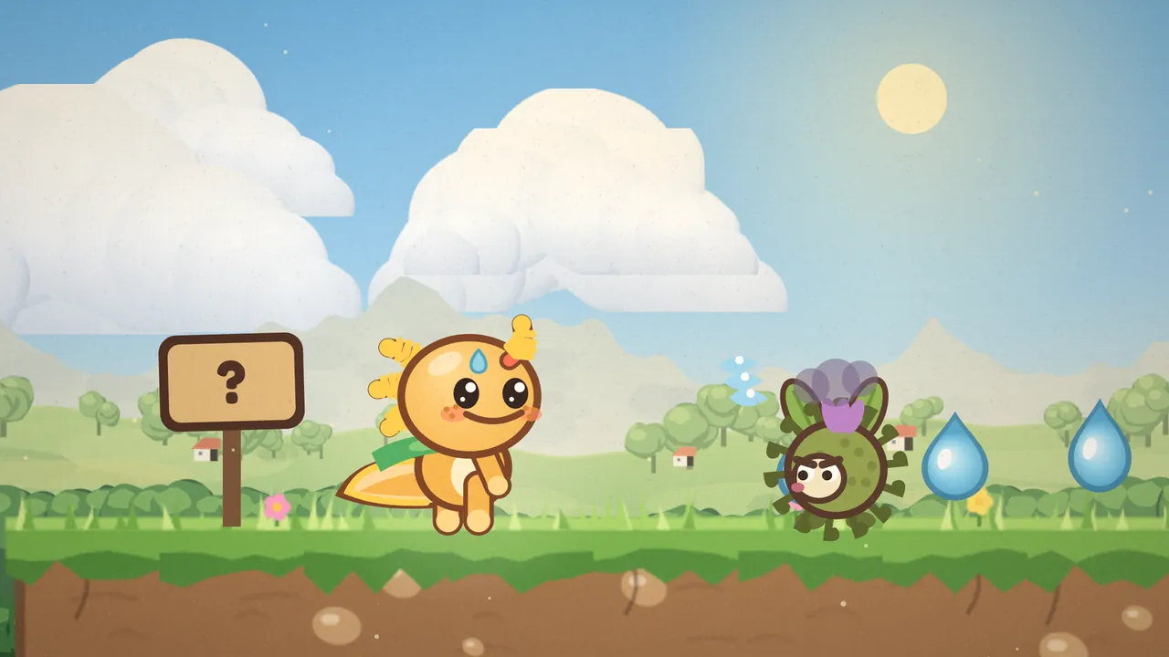 On a sunny meadow in Sprouting Steps, Gilby, an orange axolotl with yellow frilly gills, a blue drop on his head and a green scarf, stands beside a wooden sign with a question mark and has just spat a few small blue drops of water across the grass at a frowning Burrbit, a round green burr with leaf ears, a lilac tuft and dark curled hooks all around, under a small purple grumble cloud, with two big blue dewdrops behind it, white clouds, a pale sun, green hills and little red-roofed cottages in the distance