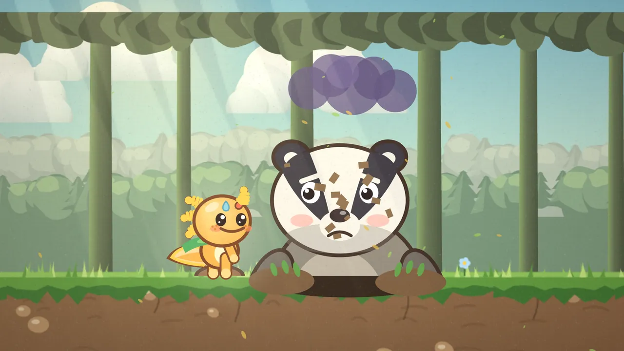 In a forest clearing with tall trunks and a leafy canopy, Burdock, a big badger with a white face, black stripes over her eyes, round ears and pink cheeks, frowns as she bursts up out of a dark hole in the grass, bits of earth flying around her head and a large purple grumble cloud floating above her, while Gilby the small orange axolotl stands right beside the hole looking up at her