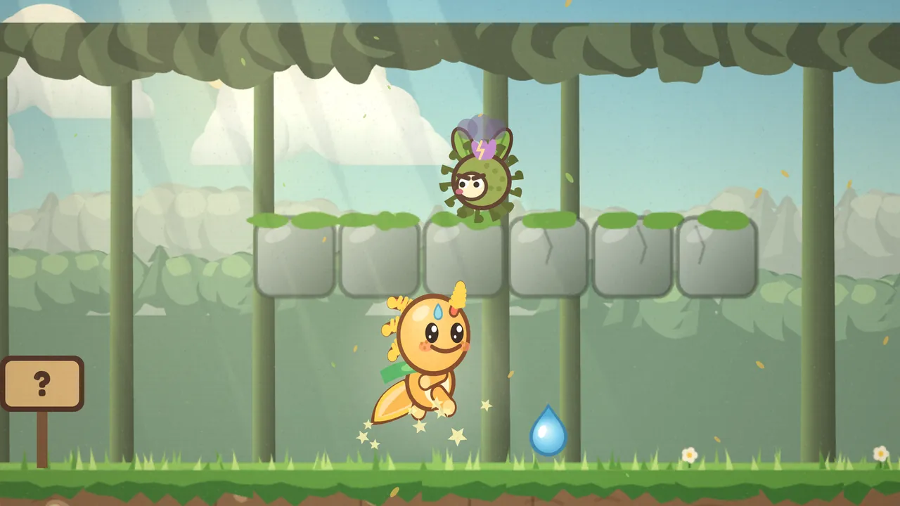 In the green woods of Hedgerow Hush, Gilby, an orange axolotl with yellow frilly gills, a blue drop on his head and a green scarf, leaps up with a trail of little stars toward a row of mossy gray stone blocks, while on top of the blocks a frowning Burrbit, a round green burr with leaf ears, a lilac tuft and dark curled hooks all around, stands under a small purple grumble cloud with a lightning bolt, among tall tree trunks, a leafy canopy, a wooden sign with a question mark and a blue dewdrop on the grass