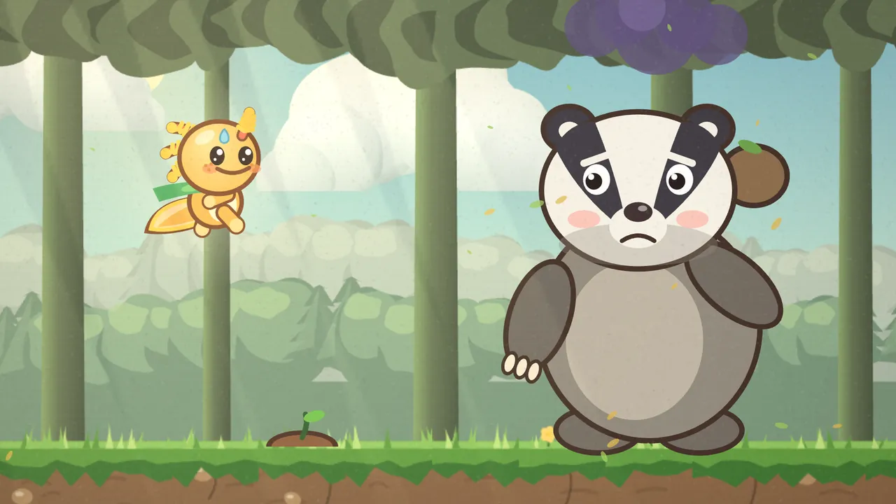 Burdock the badger standing tall among the trees with a clod of earth in her paws and a worried face, while Gilby the orange axolotl leaps towards her