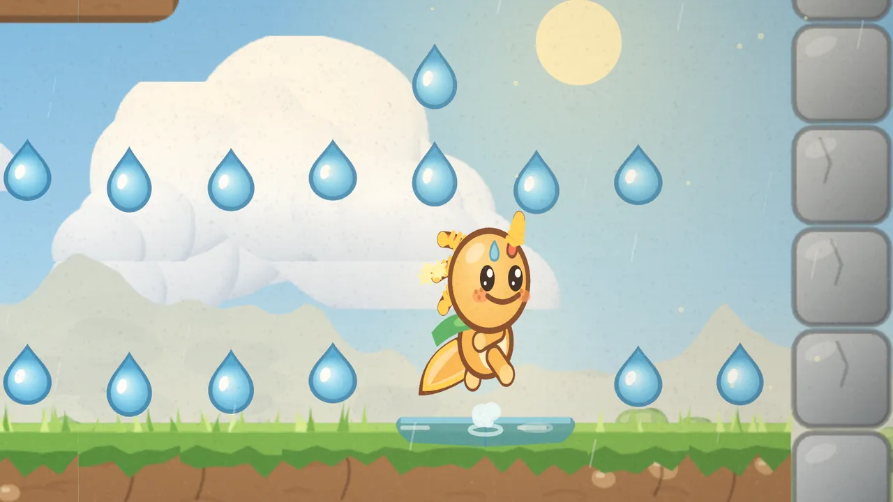 Gilby the orange axolotl springing high off a rain puddle with a splash in the hidden Puddle Party level, warm rain falling and rows of dewdrops around him