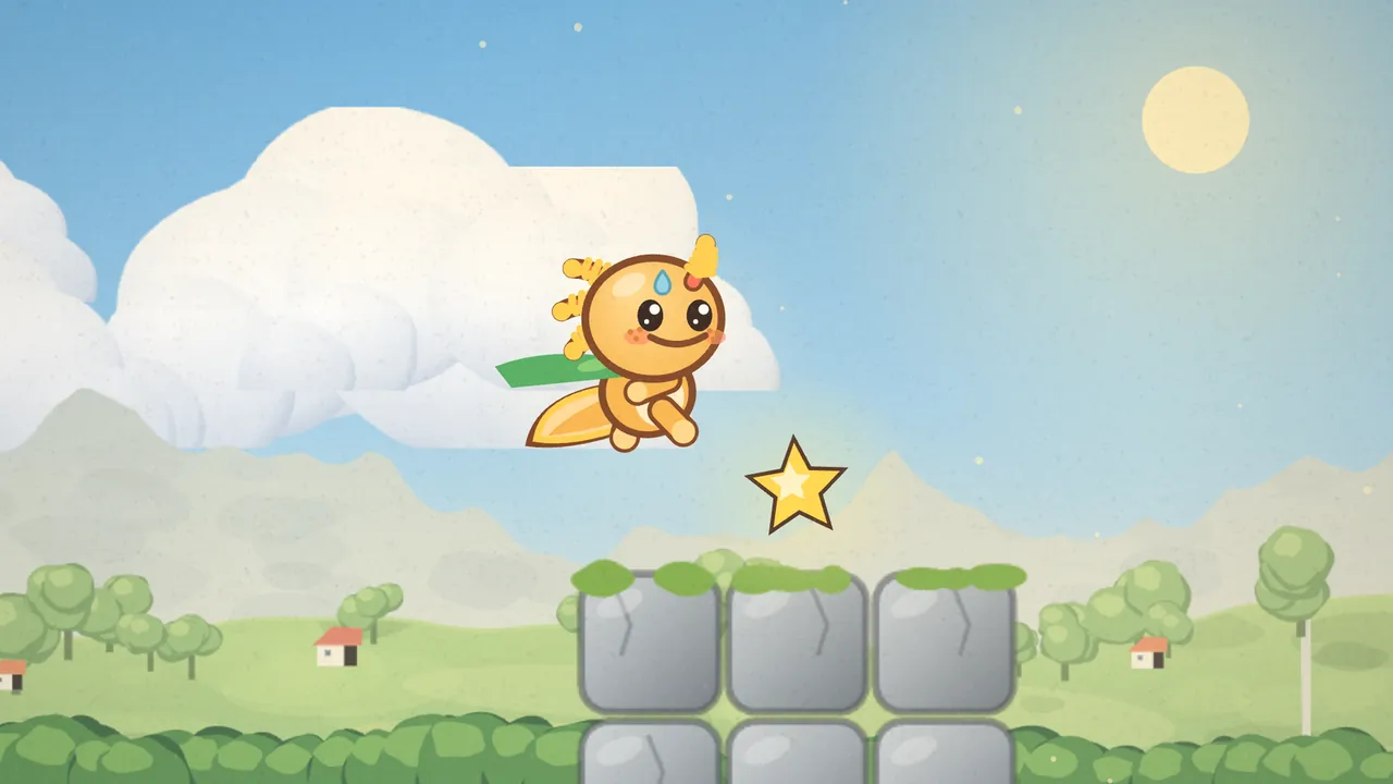 Gilby the orange axolotl leaping through a blue sky towards a golden star on top of a mossy stone tower in Dewdrop Meadow, with green hills and a smiling sun behind