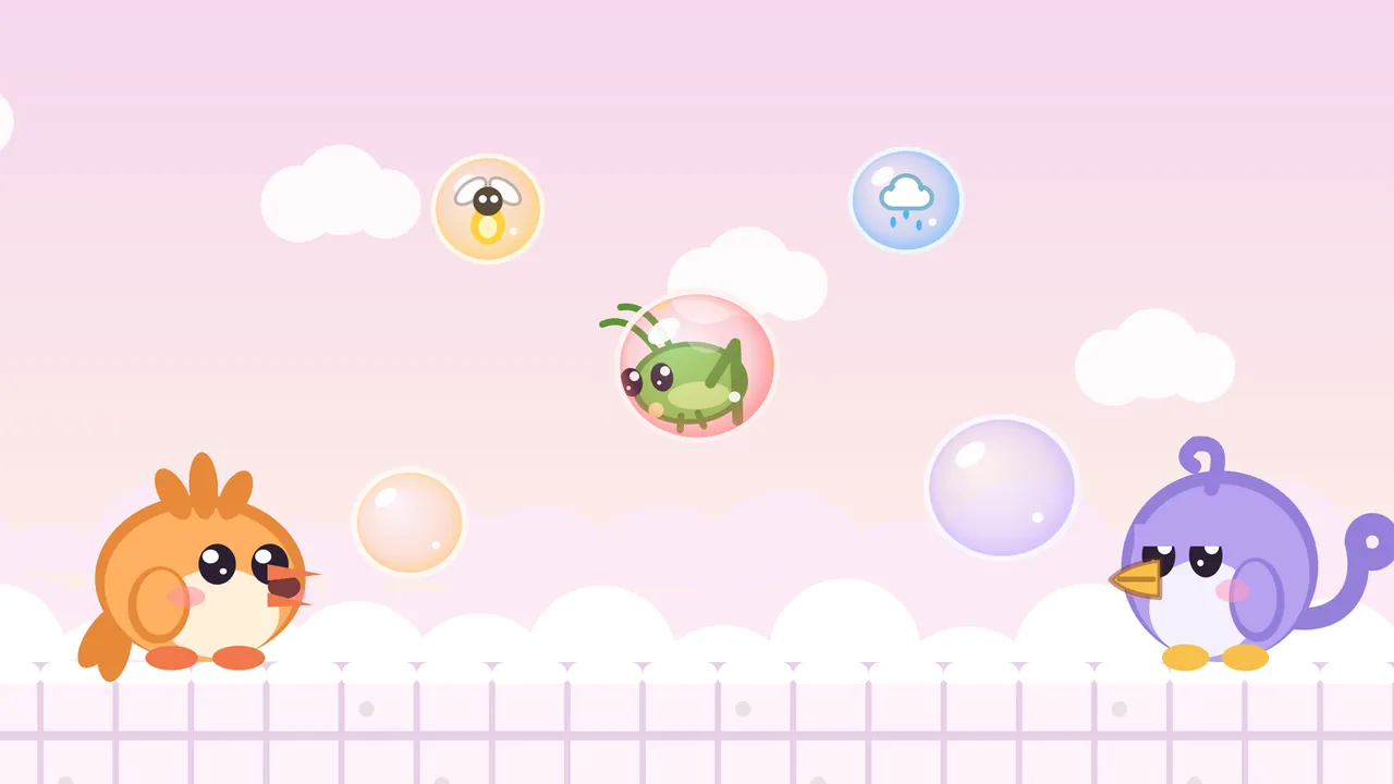 On a ledge of soft pink and white cloud tiles, Tirra, the apricot fledgling, blows a small apricot-tinted bubble with an open round beak on the left, and Lee, the lilac fledgling, stands on the right next to a bigger lilac-tinted bubble, while above them float a red, flashing bubble with a green grasshopper caught inside, a golden bubble with a little firefly in it and a blue bubble with a tiny rain cloud and falling drops, against a pink sky with white clouds