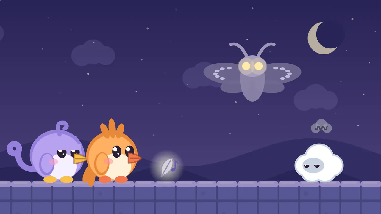 At night on a ledge of lavender tiles, Lee and Tirra stand side by side on the left looking right, next to a glowing gray feather with a purple music note, while a big soft gray-violet moth with two glowing yellow lantern eyes, long curled feelers and a half ring of six pale spots on each wing hovers in the starry sky above, a crescent moon behind it, and a chubby white cloud critter with a gray face and half-closed eyes waits at the right end of the ledge under a small gray scribble of a cloud