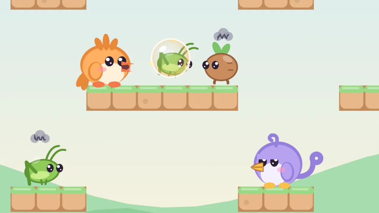 In a meadow room of Tirralee, Tirra, a round apricot fledgling with a three-feather crest, stands on a grassy ledge with her beak open, having just blown a bubble; inside the bubble floats a green Chirpet, a grasshopper with long feelers, and next to it a Stompling, a brown root with a green sprout and a gray scribble cloud over its head, watches; below, another Chirpet waits on a ledge at the left and Lee, a lilac fledgling with a curl on top and a long curled tail feather, stands on a ledge at the right under a pale sky over green hills