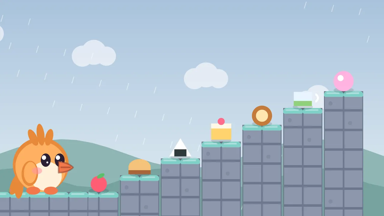 Tirra, the apricot fledgling, stands at the bottom left of a rainy room in front of a staircase of gray stone columns, each one higher than the last; a different treat sits on top of each step, rising from a red apple at her feet to a bun, a rice ball, a slice of cake with a cherry, a ring-shaped cookie, a cup of green tea and a pink ball at the very top, under a soft blue sky with clouds