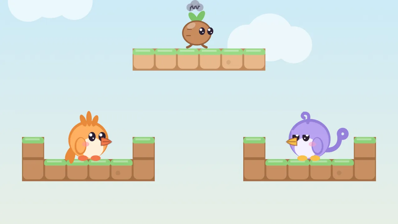 Tirra and Lee each sit inside a tulip cup, a small U shape of brown dirt blocks with grass on the rims, Tirra in the left cup and Lee in the right cup, facing each other across the gap, with a Stompling walking on a floating grassy platform above them and white clouds in a pale blue sky