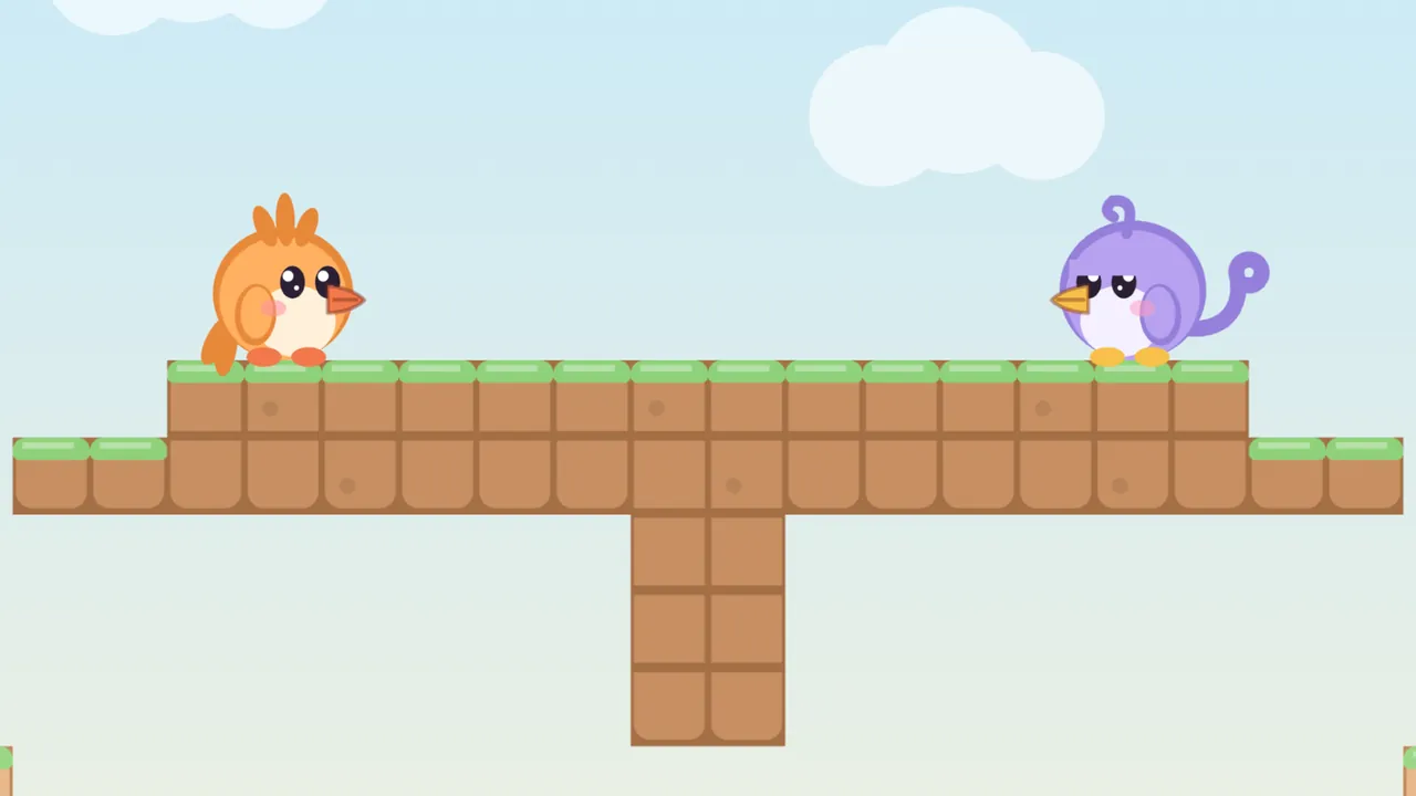 Tirra, a round apricot fledgling with a three-feather crest, and Lee, a round lilac fledgling with a curl on top and a curled tail feather, stand at the two ends of a wide mushroom cap made of brown dirt blocks with grass on top, facing each other, with a short thick stem hanging down from the middle of the cap, small grassy ledges at the bottom corners and white clouds in a pale blue sky
