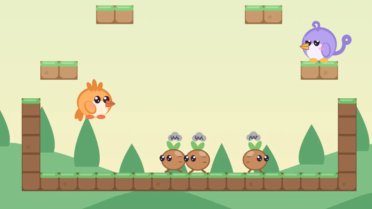 In the Picnic basket room of Tirralee’s woods, Tirra, the apricot fledgling, drops down past the basket’s left rim toward three Stomplings, brown roots with green sprouts and gray scribbles over their heads, standing on the basket’s floor between two tall brown walls, while Lee, the lilac fledgling with a curly tail, stands on a small grassy ledge of the handle up on the right, with more small ledges overhead and green hills and pointed trees behind