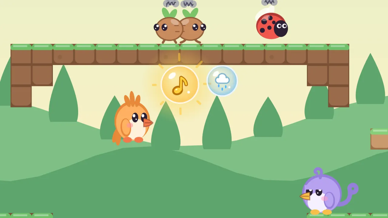 In the Stone bridge room of Tirralee’s woods, a glowing golden bubble with a music note inside and a pale bubble with a tiny rain cloud inside crowd under a brown stone bridge deck, while Tirra, an apricot fledgling with a crest of three feathers, jumps up toward them from below, Lee, a lilac fledgling with a curl on top and a curly tail, stands at the edge of the river gap at the bottom right, and above the deck two Stomplings, round brown roots with green sprouts and gray scribbles over their heads, stand next to a red ladybug Spotkin, with green hills and pointed trees behind