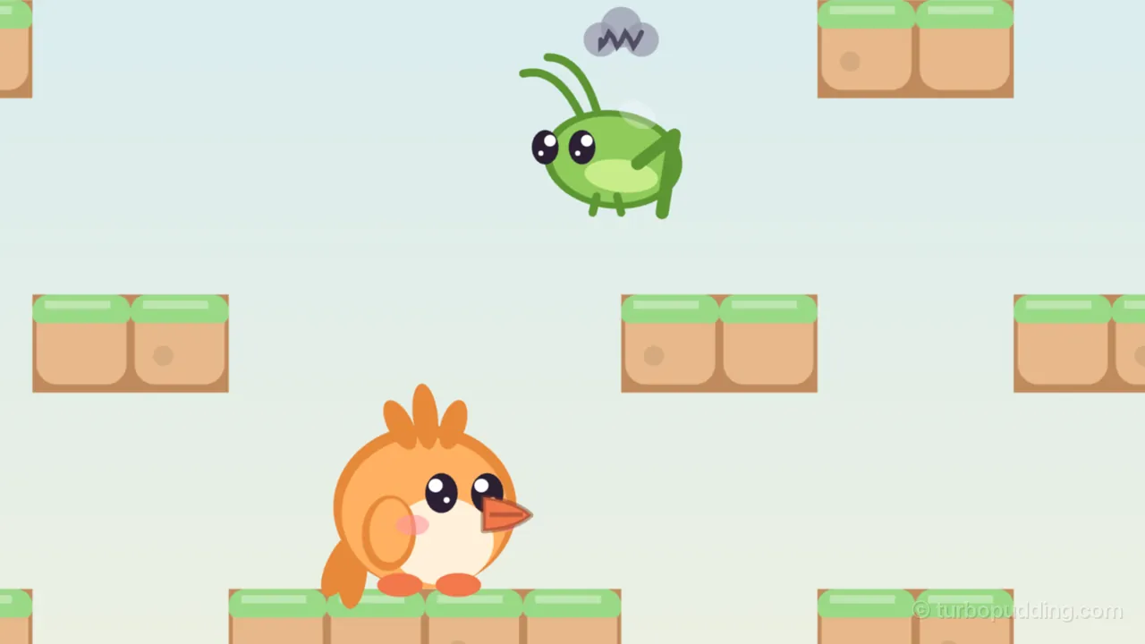 In a bright meadow room under a pale sky, a Chirpet, a green bean-shaped grasshopper with a light green belly, two long feelers, a folded hind leg and big dark eyes, hops through the air with a small gray scribble of a cloud over its head, while below it Tirra, a round apricot fledgling with a crest of three feathers and an orange beak, stands on a ledge of earth blocks with grassy tops, facing right; more short grassy ledges float around them