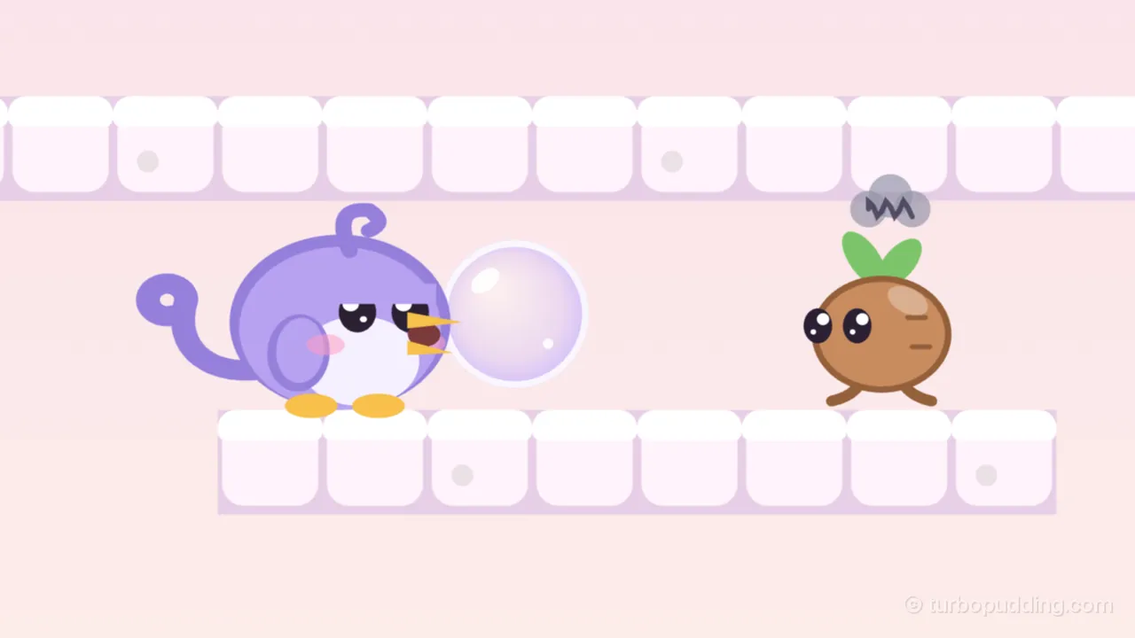 In a pale pink cloud room, Lee, a round lilac fledgling with a curl on top, a long curled tail and sleepy half-closed eyes, stands on a ledge of white cloud blocks and blows a big shiny lilac bubble from an open yellow beak toward a Stompling, a round brown root with two green leaves sprouting on top, two thin rootlet feet and big dark eyes, who stands at the other end of the ledge looking back at Lee, a small gray scribble of a cloud hanging over its sprout; another long ledge of cloud blocks runs across the top